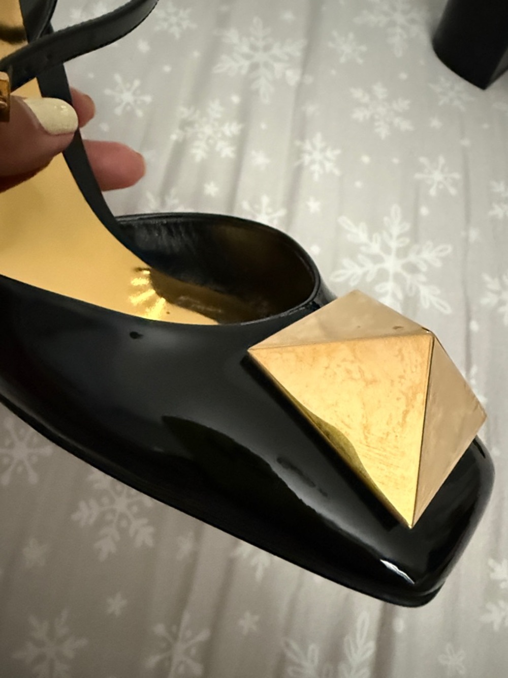 Valentino Black Patent Slingback Pumps with Gold Pyramid Accent - Picture 13 of 15